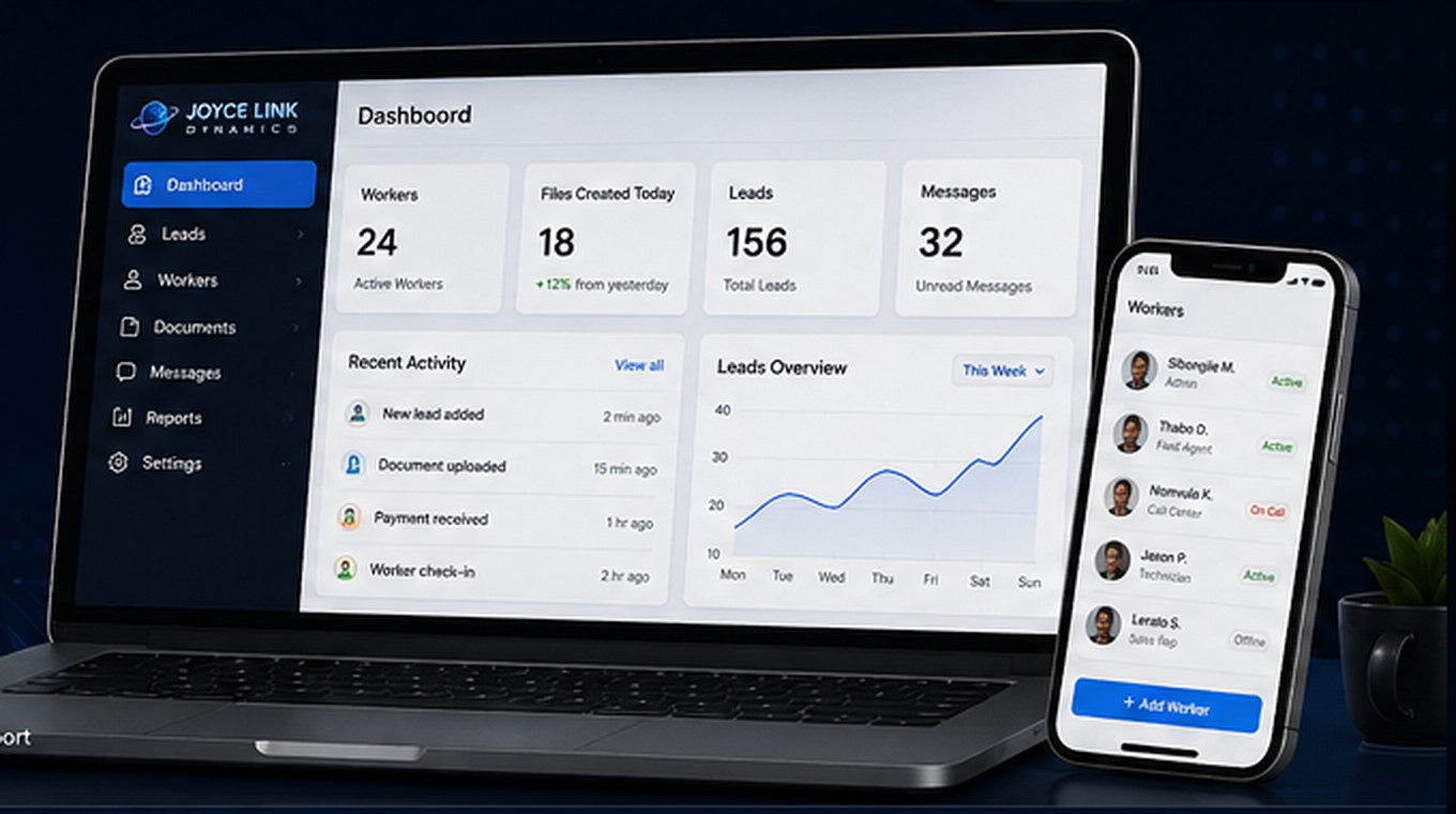 JoyceLink CRM dashboard shown on a laptop and mobile phone